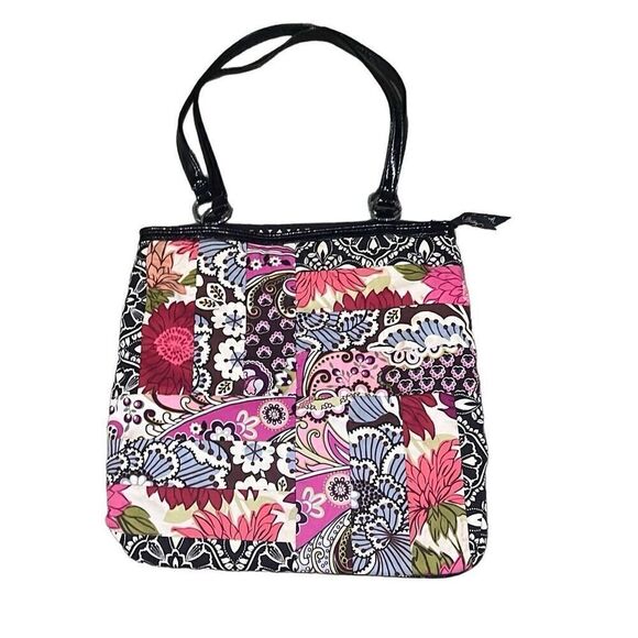 Vera Bradley Floral Block Large Zipper Purse w Leather Straps - Picture 1 of 11
